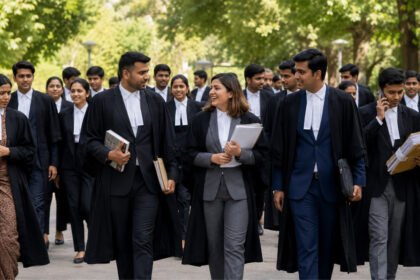 A group of law students in formal black legal attire walking together outdoors, smiling — generic but on-topic campus imagery matching the target audience.