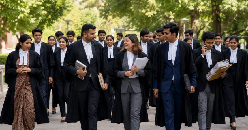 A group of law students in formal black legal attire walking together outdoors, smiling — generic but on-topic campus imagery matching the target audience.