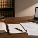 A golden scales-of-justice statue beside an open laptop displaying a legal document, with a bookshelf of law books in the background — symbolizing legal research and writing