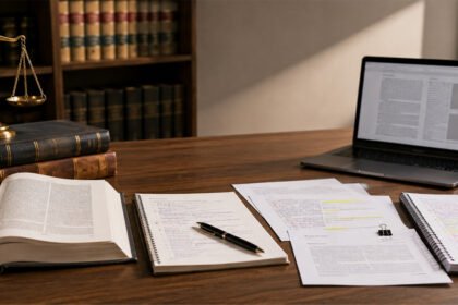 A golden scales-of-justice statue beside an open laptop displaying a legal document, with a bookshelf of law books in the background — symbolizing legal research and writing