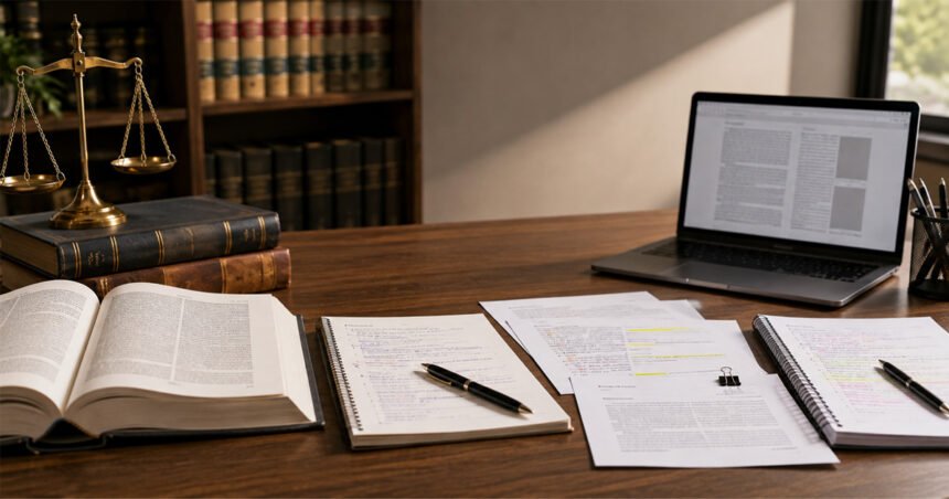 A golden scales-of-justice statue beside an open laptop displaying a legal document, with a bookshelf of law books in the background — symbolizing legal research and writing