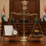 न्यायाची तराजू, एका बाजूला दिनदर्शिका व घड्याळ आणि दुसऱ्या बाजूला हातोडा, शेजारी फायलींचा ढीग