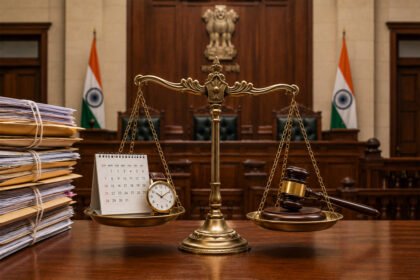 न्यायाची तराजू, एका बाजूला दिनदर्शिका व घड्याळ आणि दुसऱ्या बाजूला हातोडा, शेजारी फायलींचा ढीग