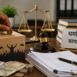 देणगी पेटीत नाणे टाकणारा हात, मागे न्यायाची तराजू व 'धर्मादाय कार्यालय' असा फलक