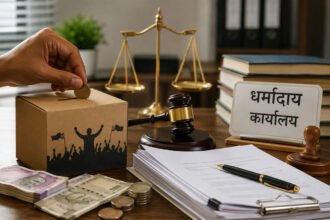 देणगी पेटीत नाणे टाकणारा हात, मागे न्यायाची तराजू व 'धर्मादाय कार्यालय' असा फलक