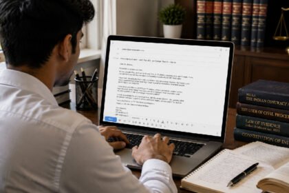 A person typing an email on a laptop at a desk with law books and a justice scale figurine
