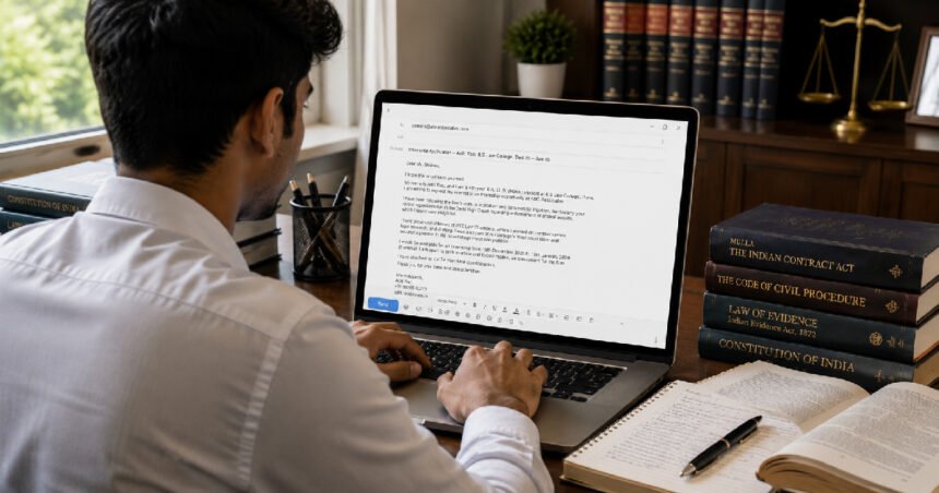 A person typing an email on a laptop at a desk with law books and a justice scale figurine
