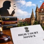 मेगाफोनसारख्या हावभावात ओरडणारी व्यक्तीची सिल्हूट आकृती, न्यायाची तराजू आणि पार्श्वभूमीत मुंबई उच्च न्यायालयाची इमारत