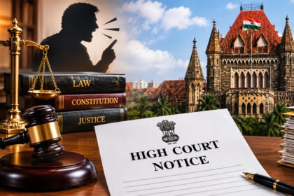 मेगाफोनसारख्या हावभावात ओरडणारी व्यक्तीची सिल्हूट आकृती, न्यायाची तराजू आणि पार्श्वभूमीत मुंबई उच्च न्यायालयाची इमारत