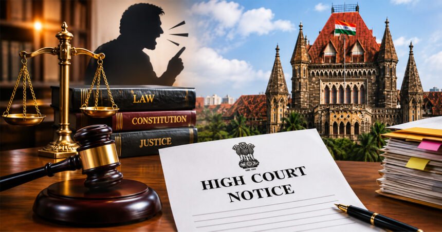 मेगाफोनसारख्या हावभावात ओरडणारी व्यक्तीची सिल्हूट आकृती, न्यायाची तराजू आणि पार्श्वभूमीत मुंबई उच्च न्यायालयाची इमारत