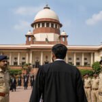 A lawyer in a black robe standing with two police officers in front of the Supreme Court of India building