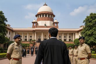 A lawyer in a black robe standing with two police officers in front of the Supreme Court of India building