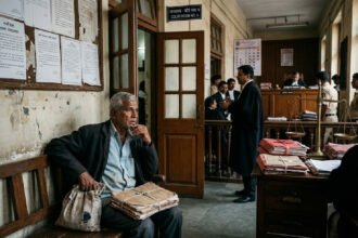 भारतीय न्यायालयाच्या आवारात चिंताग्रस्त वृद्ध व्यक्ती बाकावर बसलेली, पार्श्वभूमीत वकील आणि कोर्टरूमचे दालन