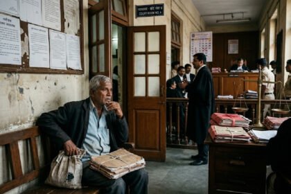 भारतीय न्यायालयाच्या आवारात चिंताग्रस्त वृद्ध व्यक्ती बाकावर बसलेली, पार्श्वभूमीत वकील आणि कोर्टरूमचे दालन