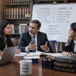 A group discussion around a flip chart comparing "LITIGATION" and "CORPORATE LAW" with bullet points and a "middle paths" section — custom-made educational graphic, matches the article's comparison framework exactly