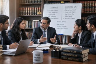 A group discussion around a flip chart comparing "LITIGATION" and "CORPORATE LAW" with bullet points and a "middle paths" section — custom-made educational graphic, matches the article's comparison framework exactly
