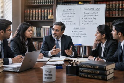 A group discussion around a flip chart comparing "LITIGATION" and "CORPORATE LAW" with bullet points and a "middle paths" section — custom-made educational graphic, matches the article's comparison framework exactly