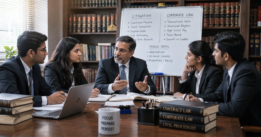 A group discussion around a flip chart comparing "LITIGATION" and "CORPORATE LAW" with bullet points and a "middle paths" section — custom-made educational graphic, matches the article's comparison framework exactly