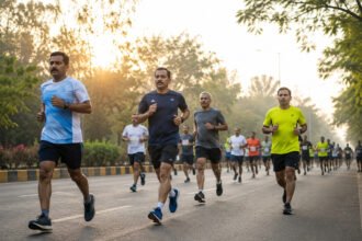 सकाळच्या उन्हात रस्त्यावर धावणाऱ्या धावपटूंचा समूह