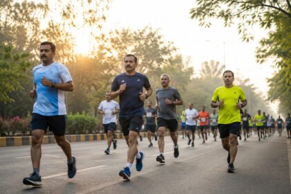 सकाळच्या उन्हात रस्त्यावर धावणाऱ्या धावपटूंचा समूह