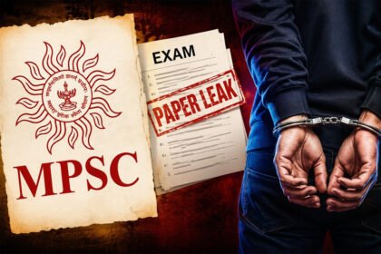 MPSC लोगो, 'पेपर लीक' असा शिक्का असलेला दस्तऐवज आणि हातकडी घातलेले हात