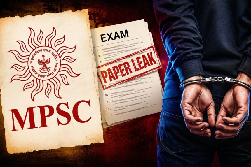 MPSC लोगो, 'पेपर लीक' असा शिक्का असलेला दस्तऐवज आणि हातकडी घातलेले हात