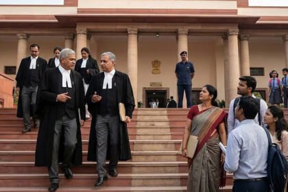 औपचारिक पोशाखातील अधिकाऱ्यांचा गट शासकीय इमारतीसमोर चालताना