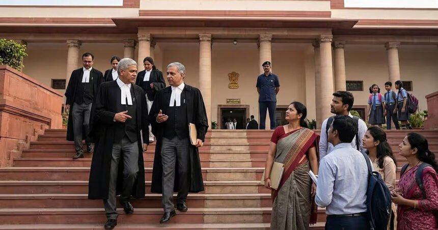 औपचारिक पोशाखातील अधिकाऱ्यांचा गट शासकीय इमारतीसमोर चालताना